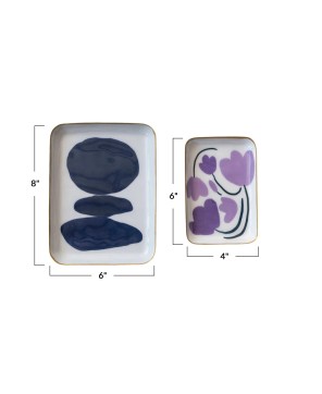 Enameled Metal Trays – Floral & Abstract Design, Gold Rim, Set of 2