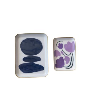 Enameled Metal Trays – Floral & Abstract Design, Gold Rim, Set of 2