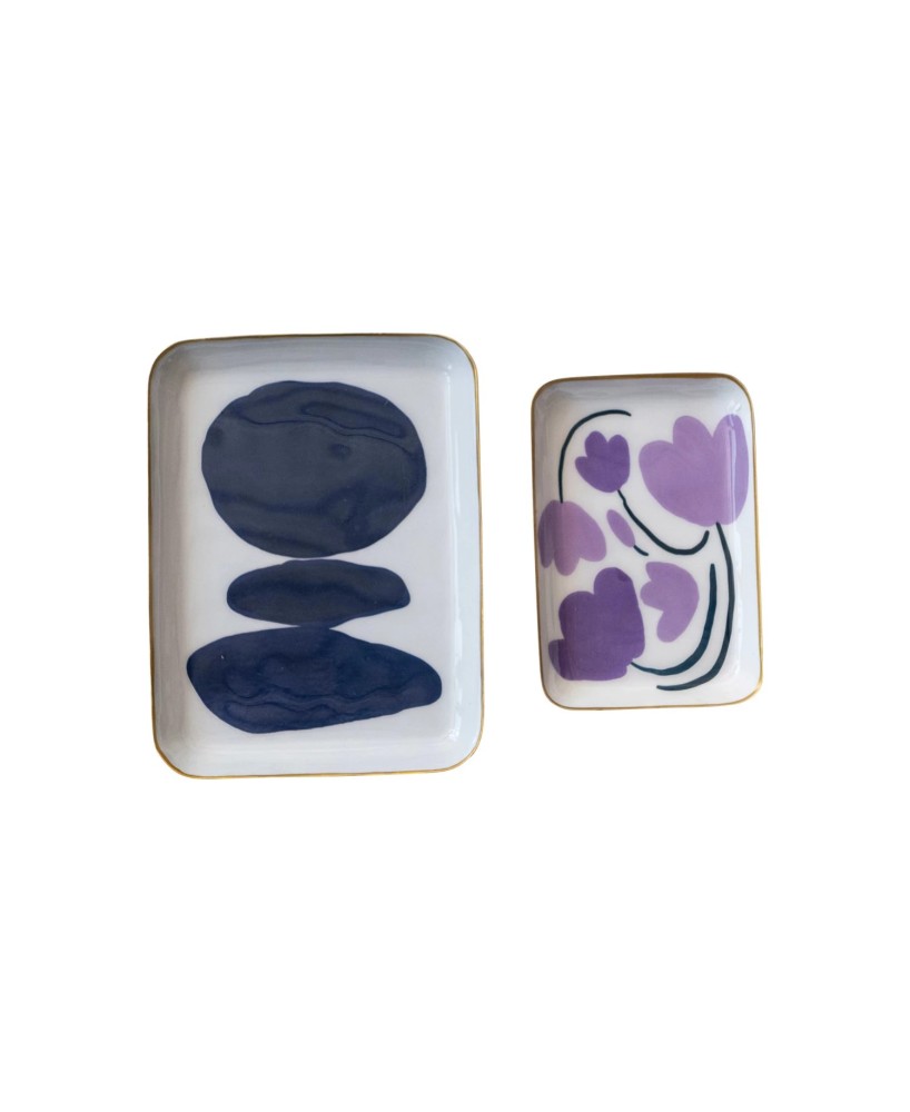 Enameled Metal Trays – Floral & Abstract Design, Gold Rim, Set of 2 Enameled Metal Trays – Floral & Abstract Design, Gold Rim, Set of 2