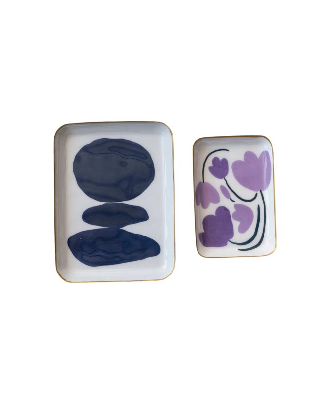 Enameled Metal Trays – Floral & Abstract Design, Gold Rim, Set of 2