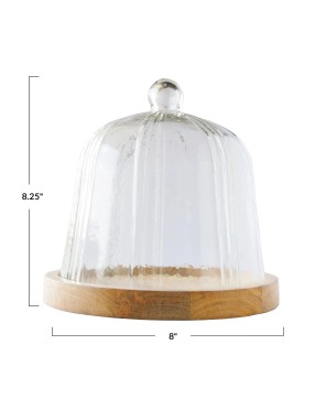Recycled Glass Pleated Cloche w/ Mango Wood Base – Set of 2