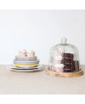 Recycled Glass Pleated Cloche w/ Mango Wood Base – Set of 2
