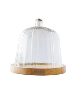 Recycled Glass Pleated Cloche w/ Mango Wood Base – Set of 2