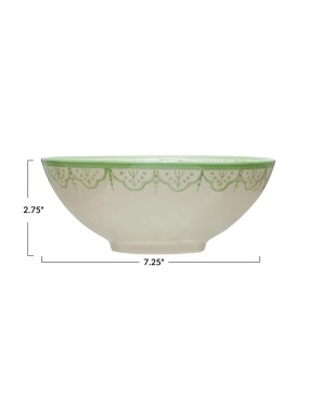 Hand-Painted Stoneware Bowl with Floral Design – White & Green