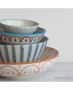 Hand-Painted Stoneware Bowl with Floral Design – White & Green