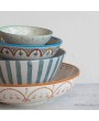 Hand-Painted Stoneware Bowl with Floral Design – White & Green