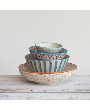 Hand-Painted Stoneware Bowl with Floral Design – White & Green