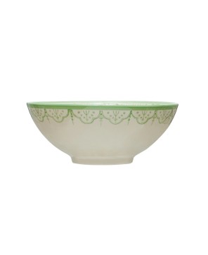 Hand-Painted Stoneware Bowl with Floral Design – White & Green
