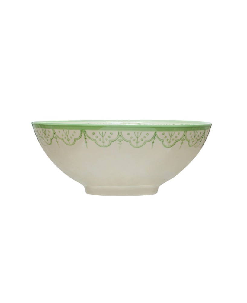 Hand-Painted Stoneware Bowl with Floral Design – White & Green Hand-Painted Stoneware Bowl with Floral Design – White & Green