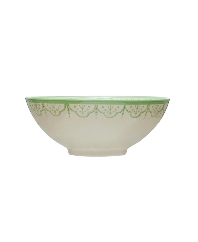 Hand-Painted Stoneware Bowl with Floral Design – White & Green