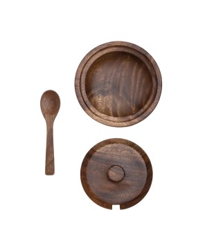 Acacia Wood Covered Bowl with Spoon – Set of 2, Natural Finish