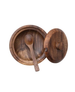 Acacia Wood Covered Bowl with Spoon – Set of 2, Natural Finish