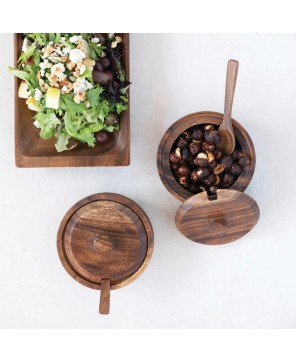 Acacia Wood Covered Bowl with Spoon – Set of 2, Natural Finish