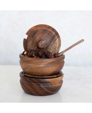 Acacia Wood Covered Bowl with Spoon – Set of 2, Natural Finish