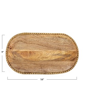 Hand-Carved Mango Wood Tray w/ Beaded Edge & Gold Finish – 16”
