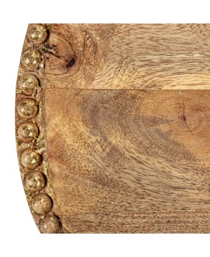 Hand-Carved Mango Wood Tray w/ Beaded Edge & Gold Finish – 16”