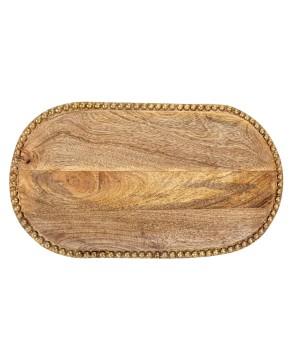Hand-Carved Mango Wood Tray w/ Beaded Edge & Gold Finish – 16”
