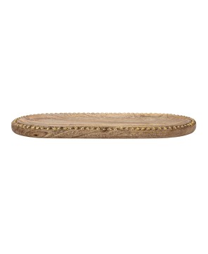 Hand-Carved Mango Wood Tray w/ Beaded Edge & Gold Finish – 16”