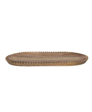 Hand-Carved Mango Wood Tray w/ Beaded Edge & Gold Finish – 16”