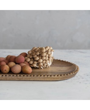 Hand-Carved Mango Wood Tray w/ Beaded Edge & Gold Finish – 16”