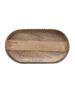 Hand-Carved Mango Wood Tray w/ Beaded Edge & Gold Finish – 16”