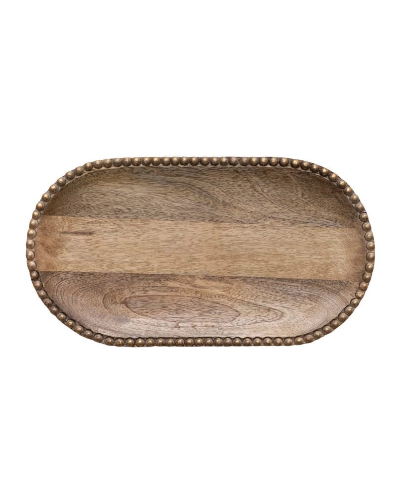 Hand-Carved Mango Wood Tray w/ Beaded Edge & Gold Finish – 16” Hand-Carved Mango Wood Tray w/ Beaded Edge & Gold Finish – 16”