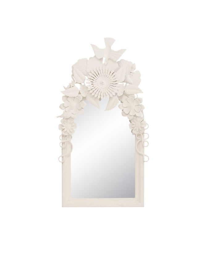 Antique White Wall Mirror with Embossed Flowers & Birds – Vintage Char