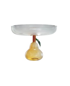 Glass Pedestal with Pear-Shaped Base – Green & Amber, 7.75”