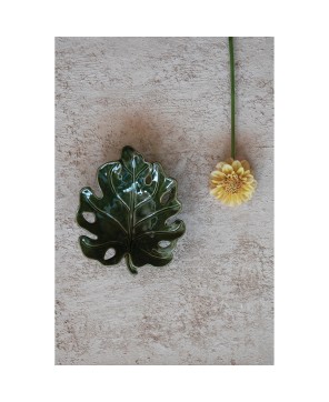 Stoneware Leaf Shaped Bowl – Reactive Glaze, Green, 7”