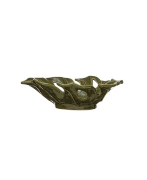 Stoneware Leaf Shaped Bowl – Reactive Glaze, Green, 7”