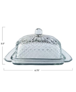 Cut Recycled Glass Butter Dish with Embossed Design – Farmhouse Style
