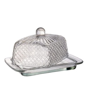 Cut Recycled Glass Butter Dish with Embossed Design – Farmhouse Style