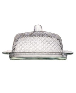Cut Recycled Glass Butter Dish with Embossed Design – Farmhouse Style