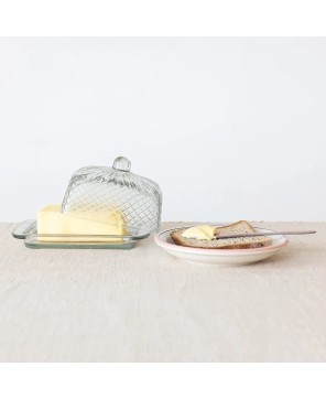 Cut Recycled Glass Butter Dish with Embossed Design – Farmhouse Style