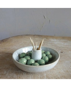 5" Stoneware Dish w/ Toothpick Holder – White Reactive Glaze