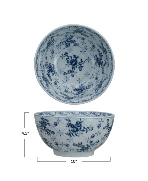 Porcelain Bowl – Blue & White Botanicals with Crackle Glaze