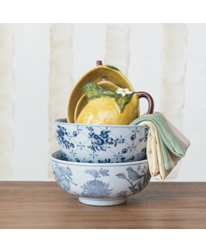 Porcelain Bowl – Blue & White Botanicals with Crackle Glaze