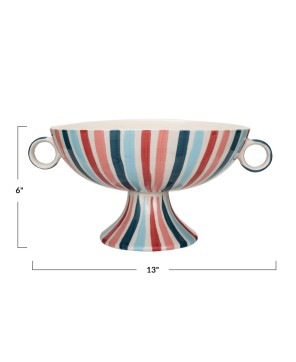 Hand-Painted Stoneware Footed Bowl – Multi-Color Striped Design