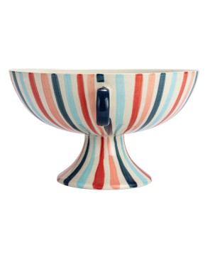 Hand-Painted Stoneware Footed Bowl – Multi-Color Striped Design