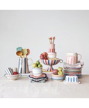 Hand-Painted Stoneware Footed Bowl – Multi-Color Striped Design