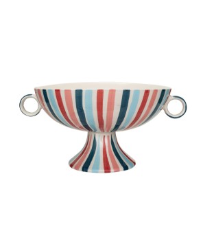 Hand-Painted Stoneware Footed Bowl – Multi-Color Striped Design