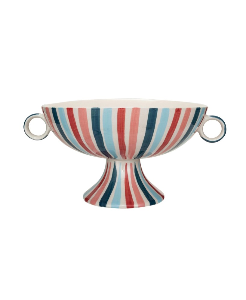 Hand-Painted Stoneware Footed Bowl – Multi-Color Striped Design Hand-Painted Stoneware Footed Bowl – Multi-Color Striped Design