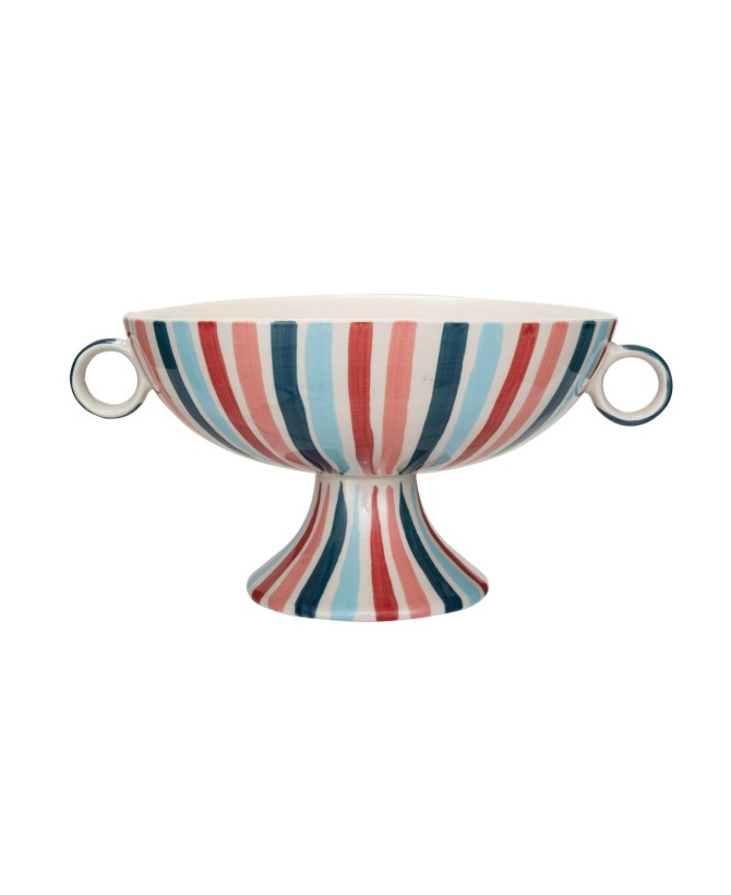 Hand-Painted Stoneware Footed Bowl – Multi-Color Striped Design