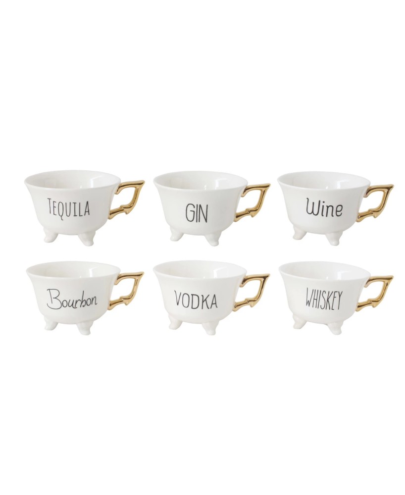 6 oz. Stoneware Footed Teacup – Gold Electroplating, 6 Styles 6 oz. Stoneware Footed Teacup – Gold Electroplating, 6 Styles