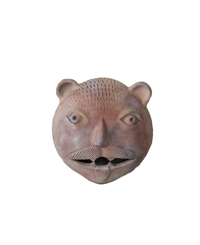 Handmade Terra-cotta Tiger Head Wall Décor - Whitewashed Boho Style
