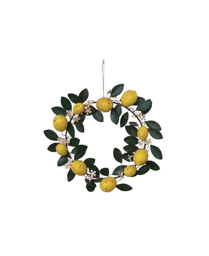 Hand-Painted Metal Lemon Wreath - Farmhouse Style with Floral Details