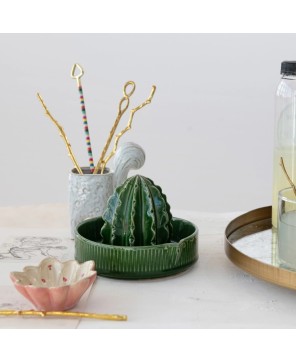 Cactus-Shaped Stoneware Juicer – Green, Boho Kitchen Essential