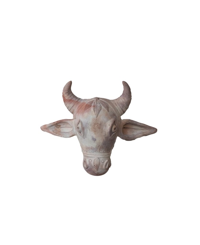 Handmade Terra-cotta Cow Head Wall Décor with Whitewashed Finish