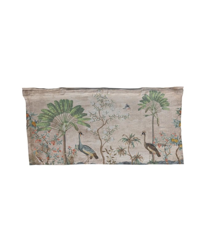 Linen Printed Wall Hanging with Landscape & Birds, Wood Rod Hanger