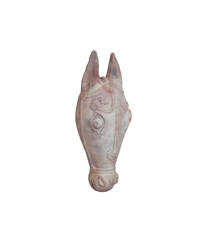Handmade Terra-cotta Horse Head Wall Décor, Whitewashed, Boho Style